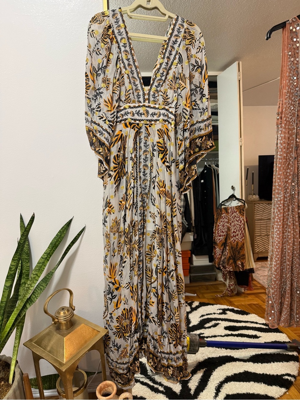 FARM Rio White Maxi Dress with Mustard and Black Floral Print